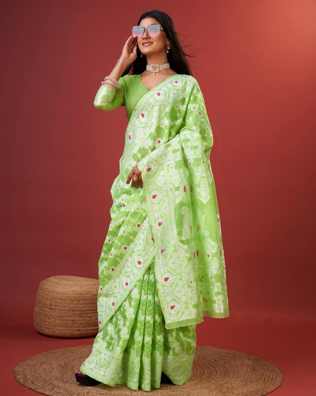 Rhapsodic Parrot Cotton Silk Saree With Gleaming Blouse Piece