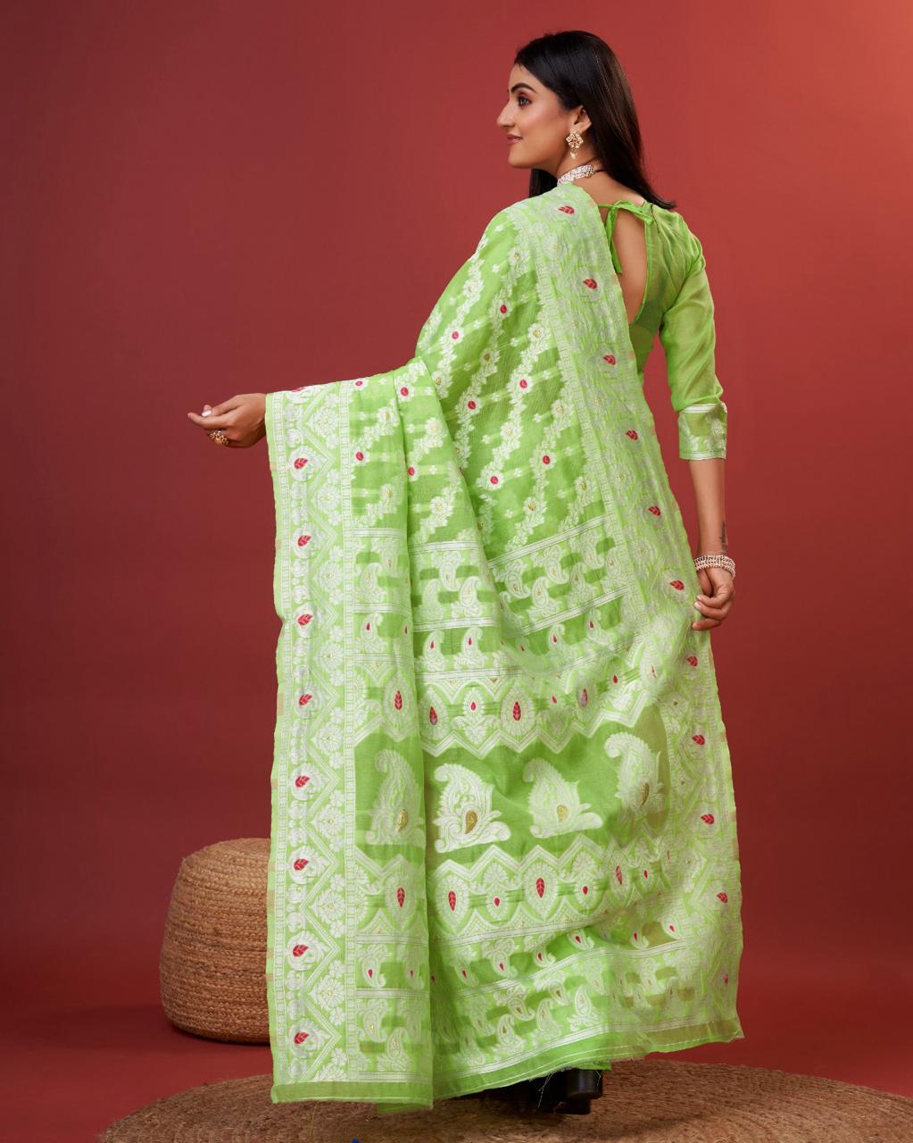 Rhapsodic Parrot Cotton Silk Saree With Gleaming Blouse Piece