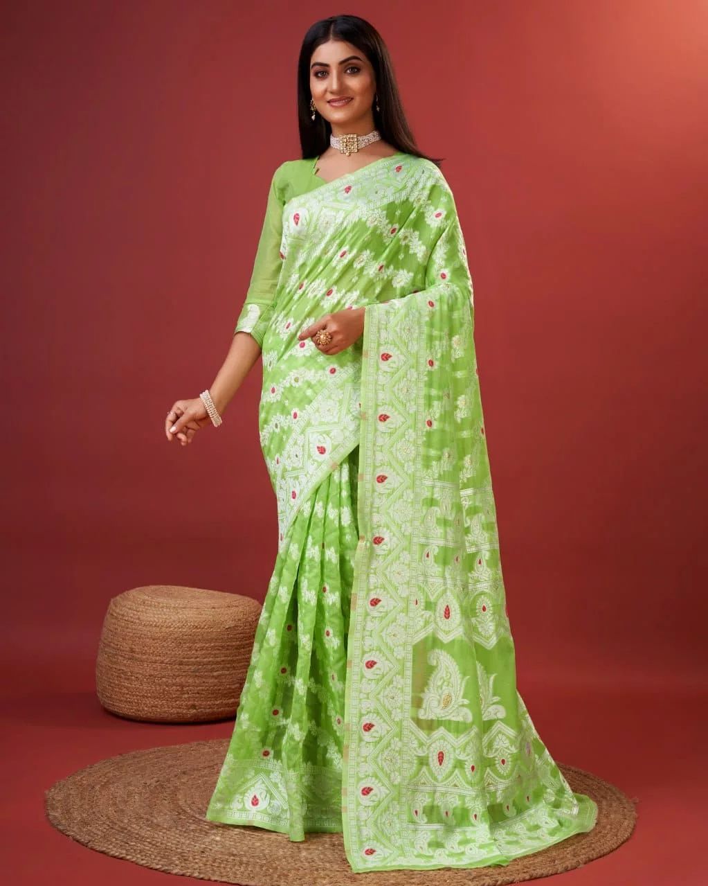 Rhapsodic Parrot Cotton Silk Saree With Gleaming Blouse Piece