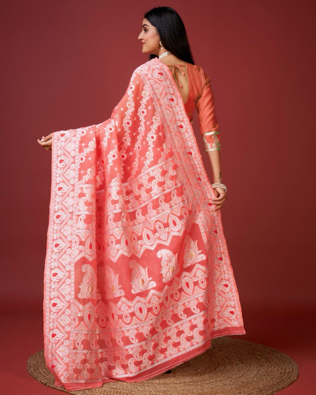 Effulgent Peach Cotton Silk Saree With Sophisticated Blouse Piece