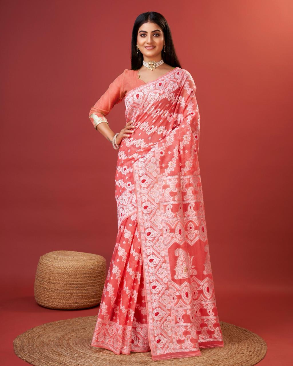 Effulgent Peach Cotton Silk Saree With Sophisticated Blouse Piece