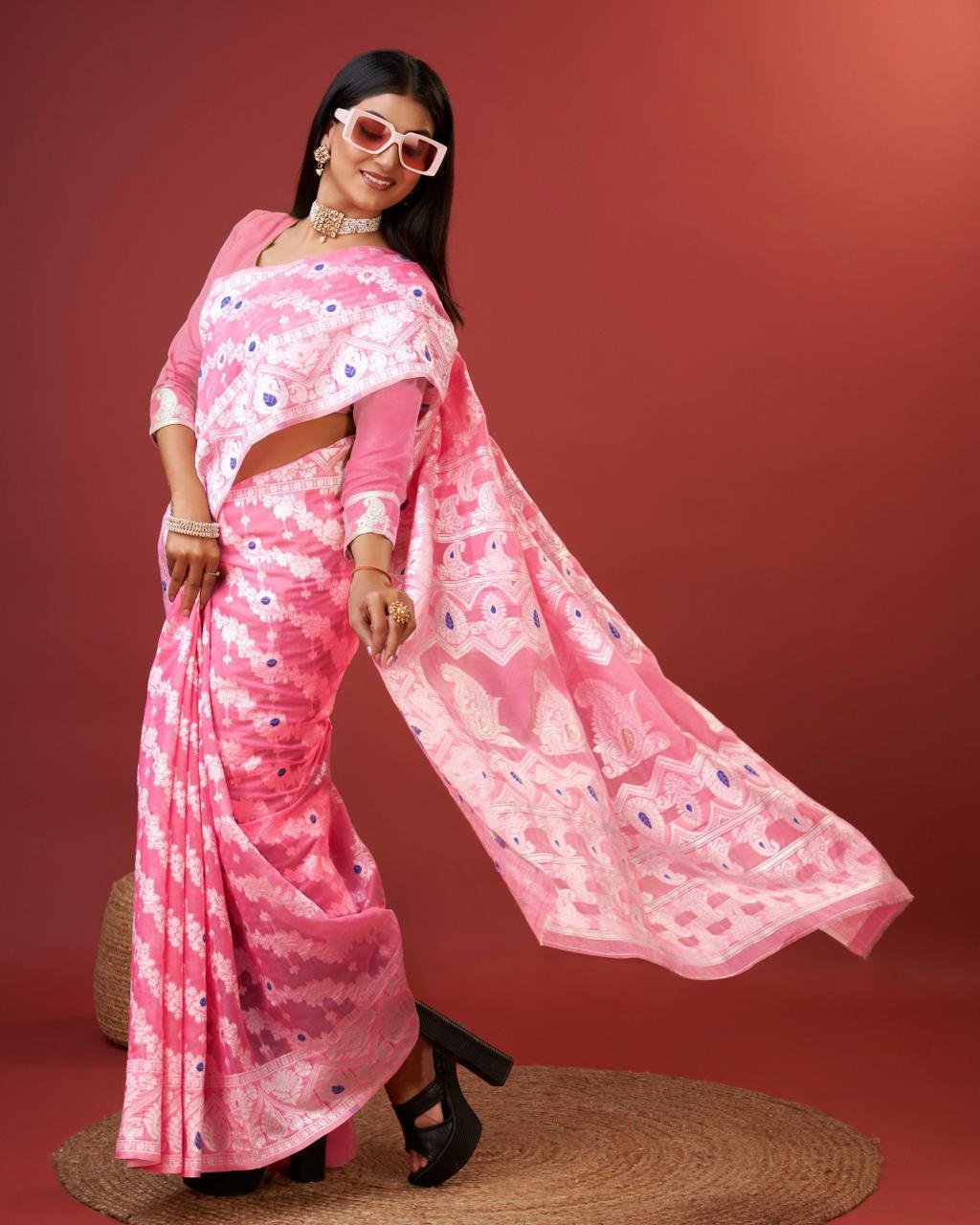 Vibrant Pink Cotton Silk Saree With Lovely Blouse Piece