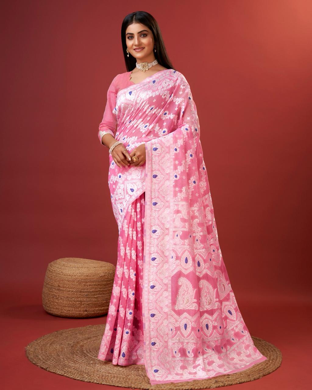 Vibrant Pink Cotton Silk Saree With Lovely Blouse Piece