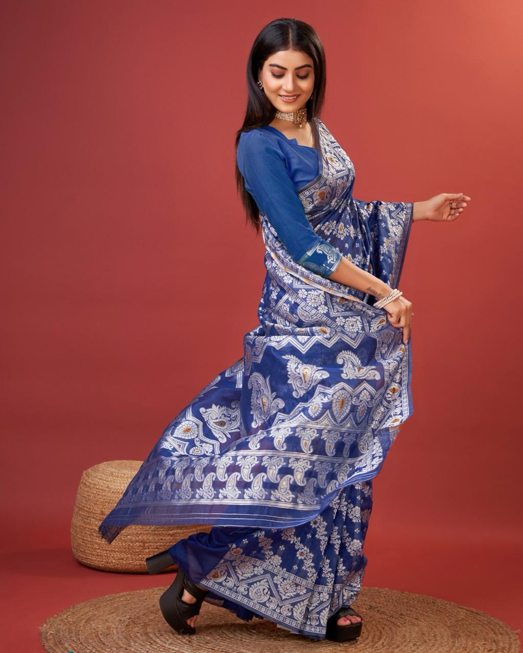 Ravishing Royal Blue Cotton Silk Saree With Ebullience Blouse Piece