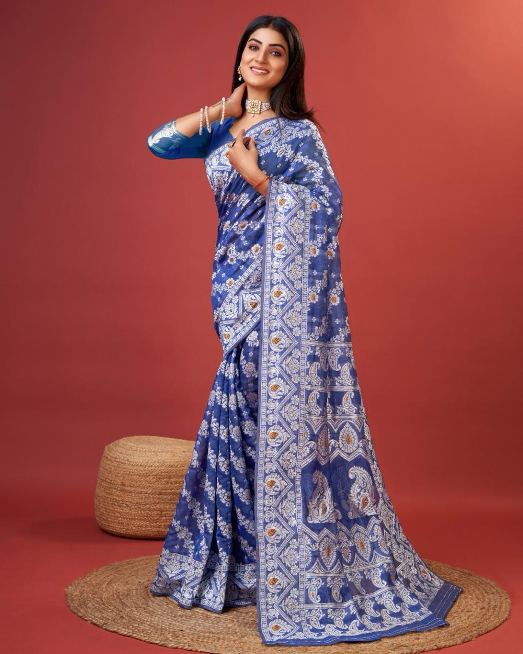 Ravishing Royal Blue Cotton Silk Saree With Ebullience Blouse Piece