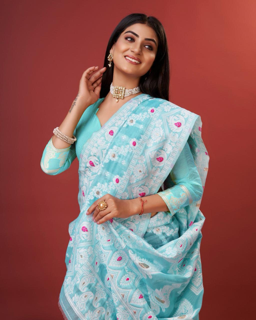 Quixotic Sky Cotton Silk Saree With Extraordinary Blouse Piece