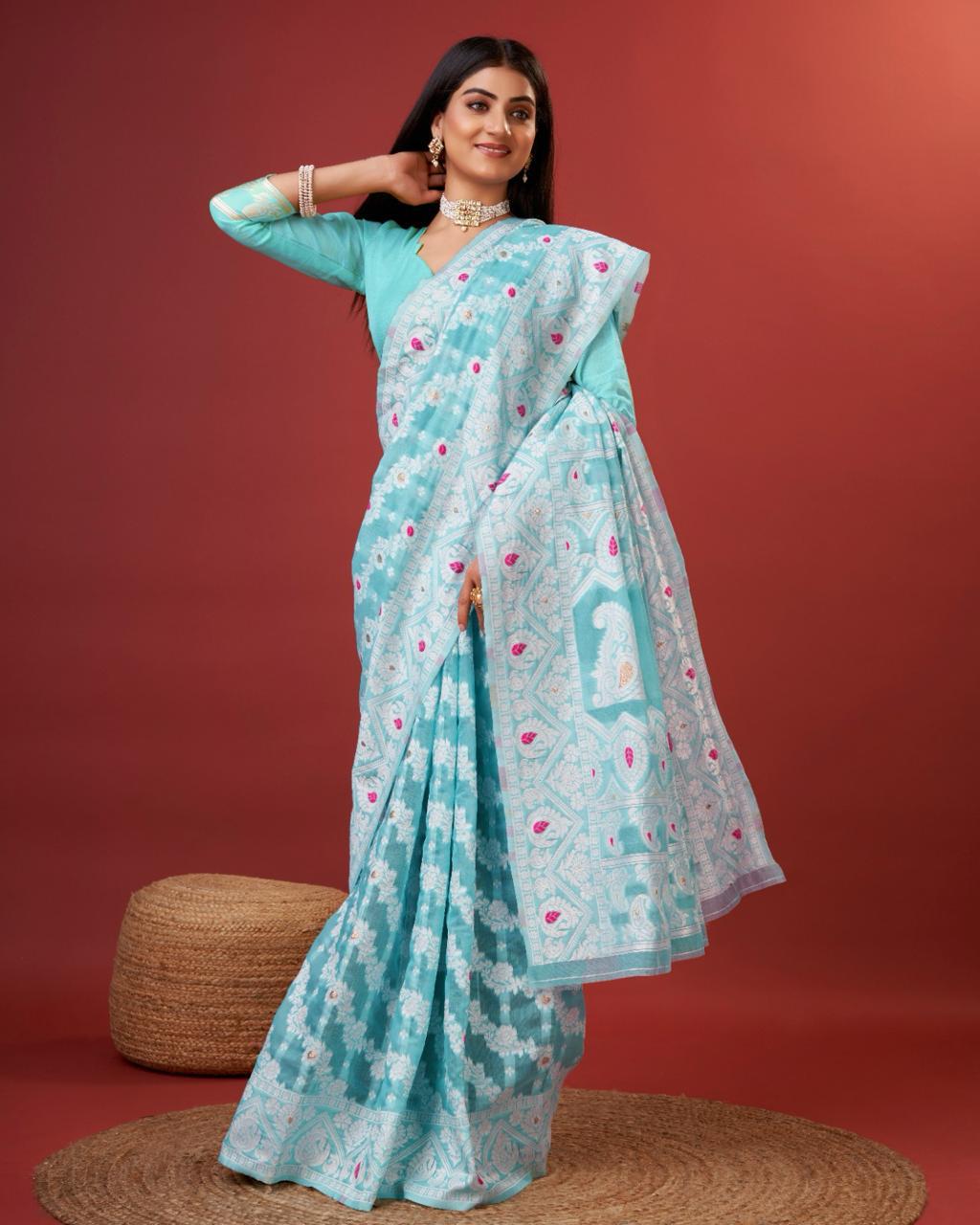 Quixotic Sky Cotton Silk Saree With Extraordinary Blouse Piece