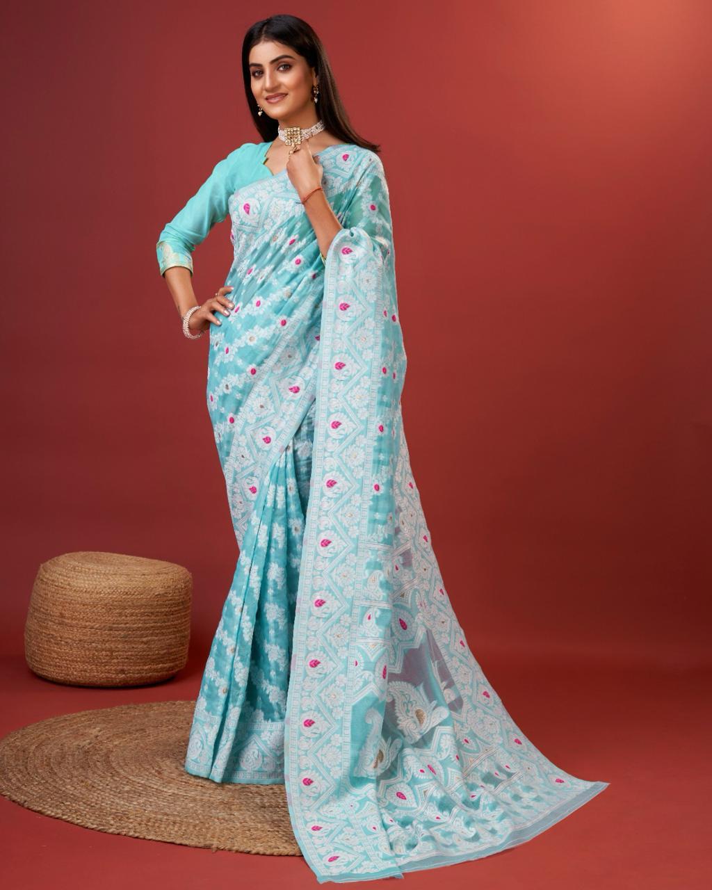 Quixotic Sky Cotton Silk Saree With Extraordinary Blouse Piece