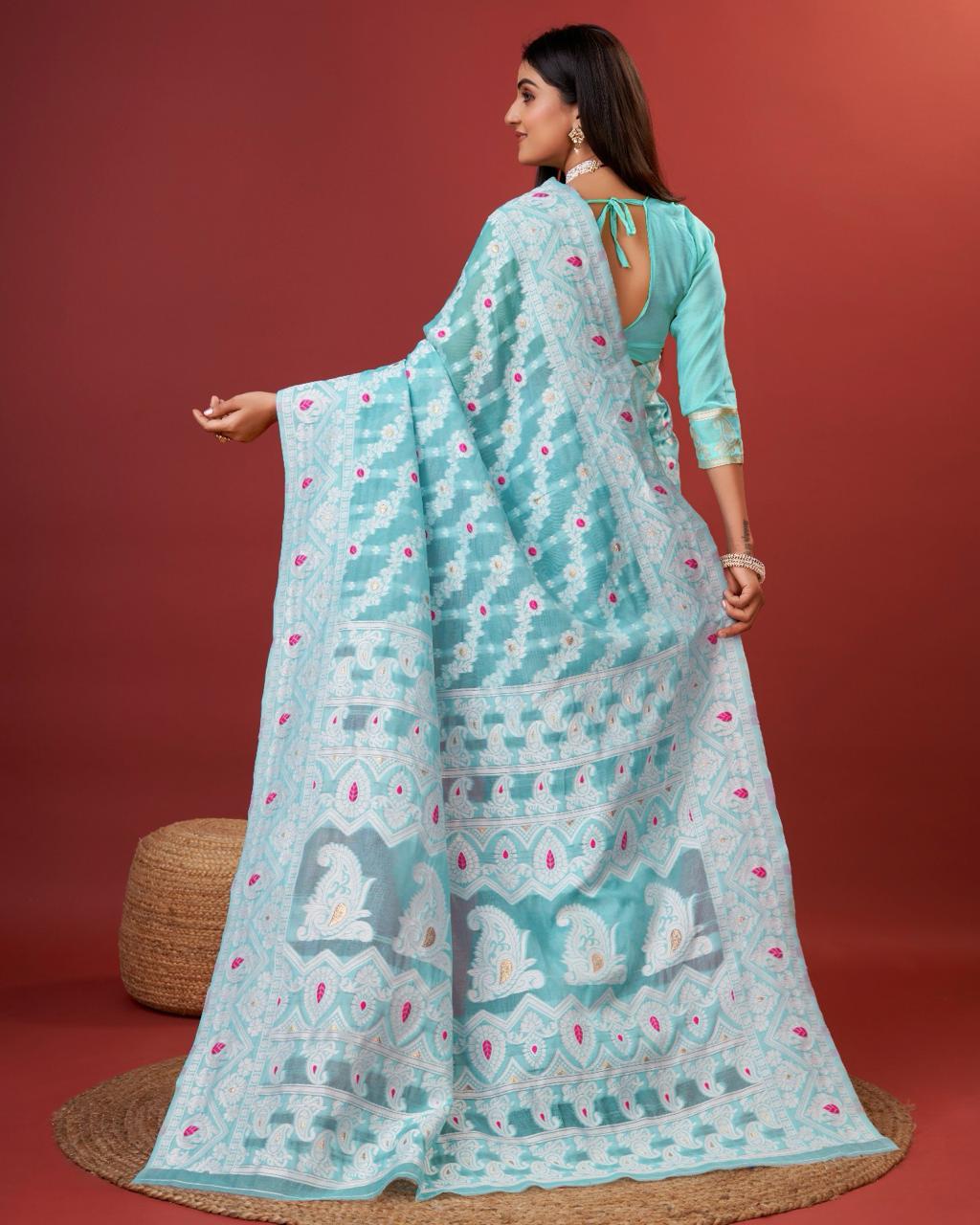 Quixotic Sky Cotton Silk Saree With Extraordinary Blouse Piece