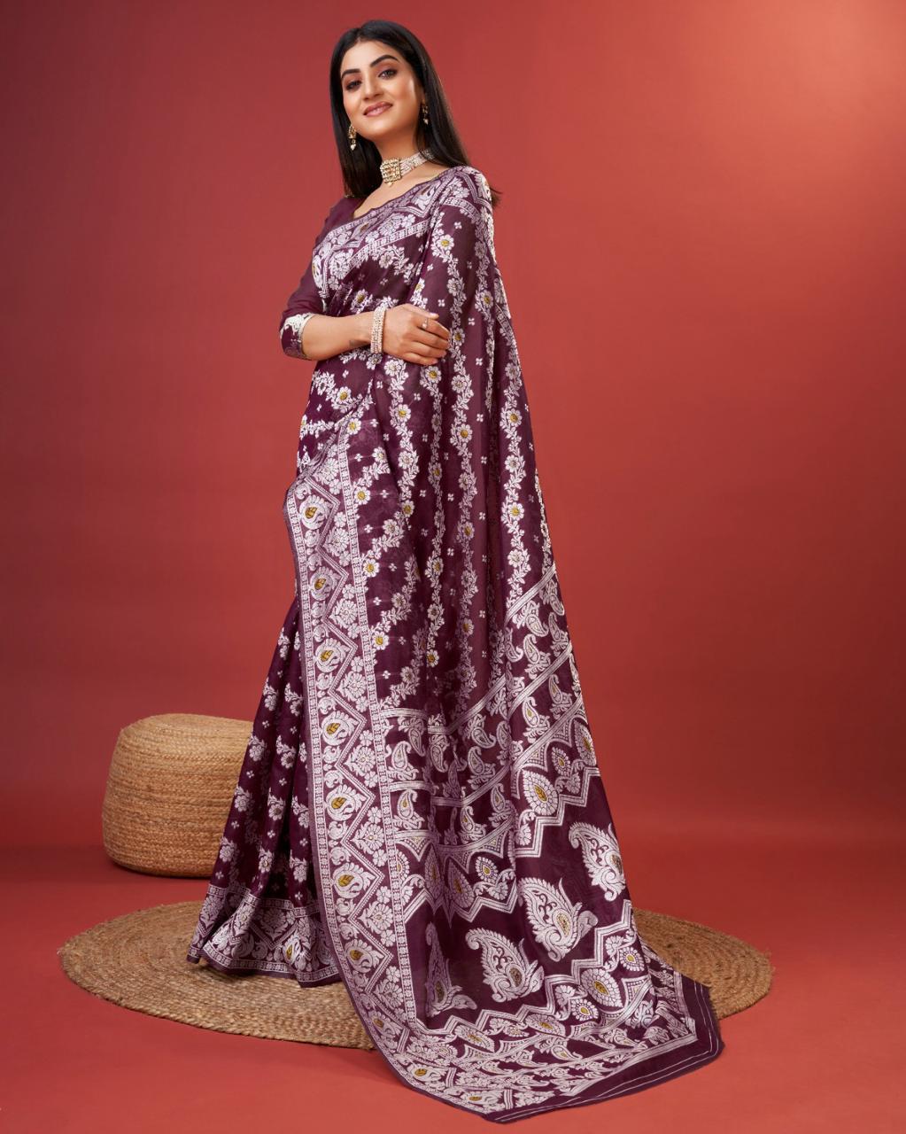 Aplomb Wine Cotton Silk Saree With Precious Blouse Piece