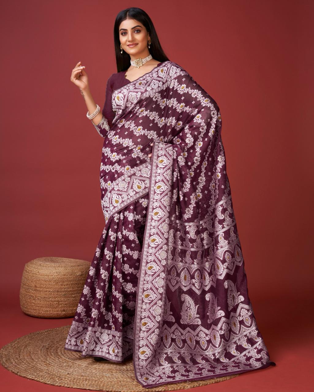 Aplomb Wine Cotton Silk Saree With Precious Blouse Piece