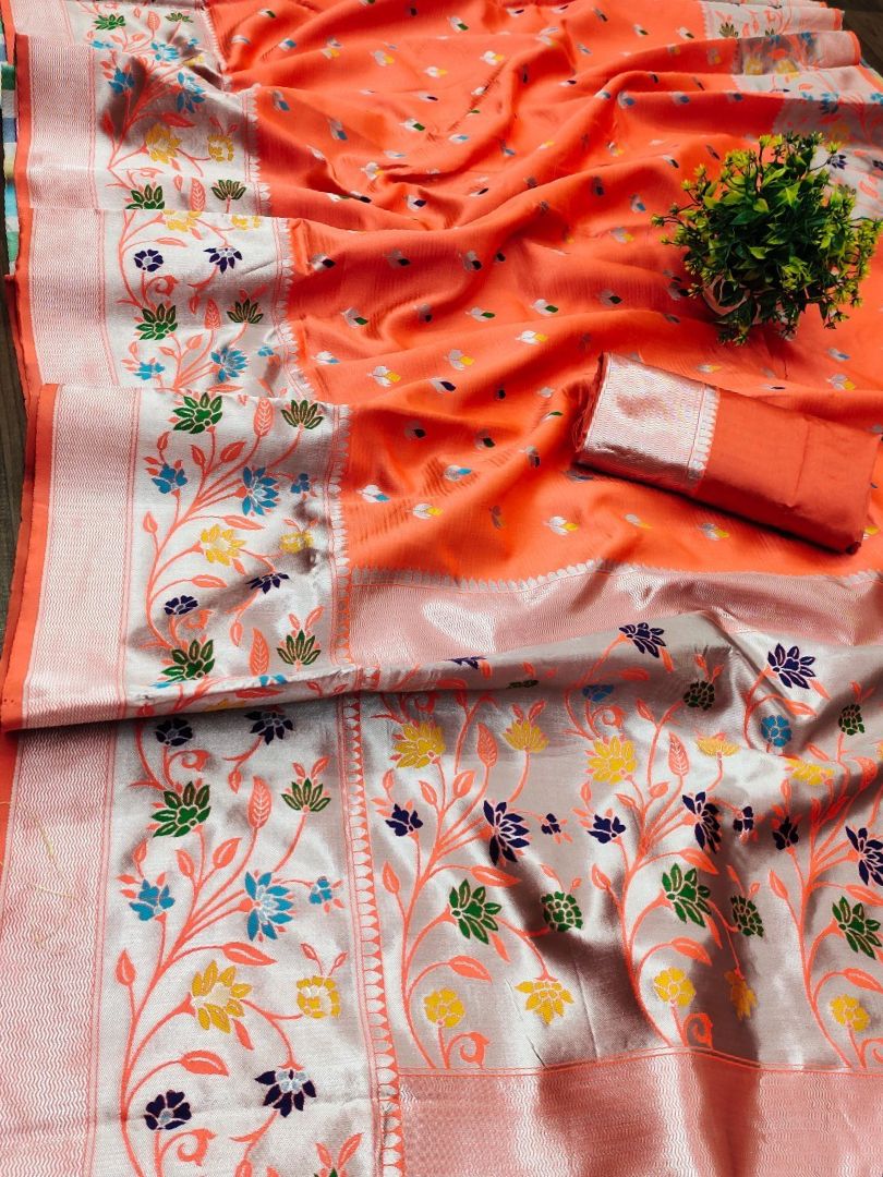 Evanescent Orange Paithani Silk Saree With Scrumptious Blouse Piece