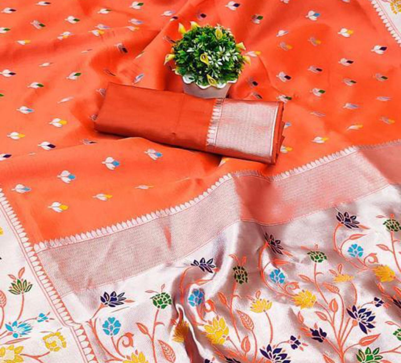 Evanescent Orange Paithani Silk Saree With Scrumptious Blouse Piece