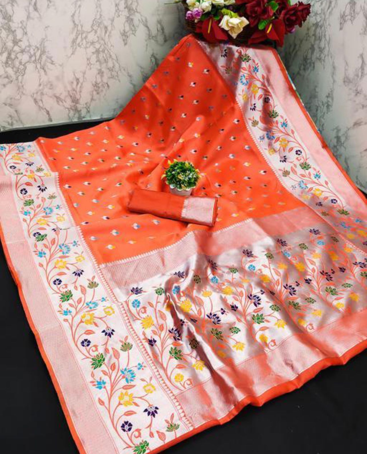 Evanescent Orange Paithani Silk Saree With Scrumptious Blouse Piece