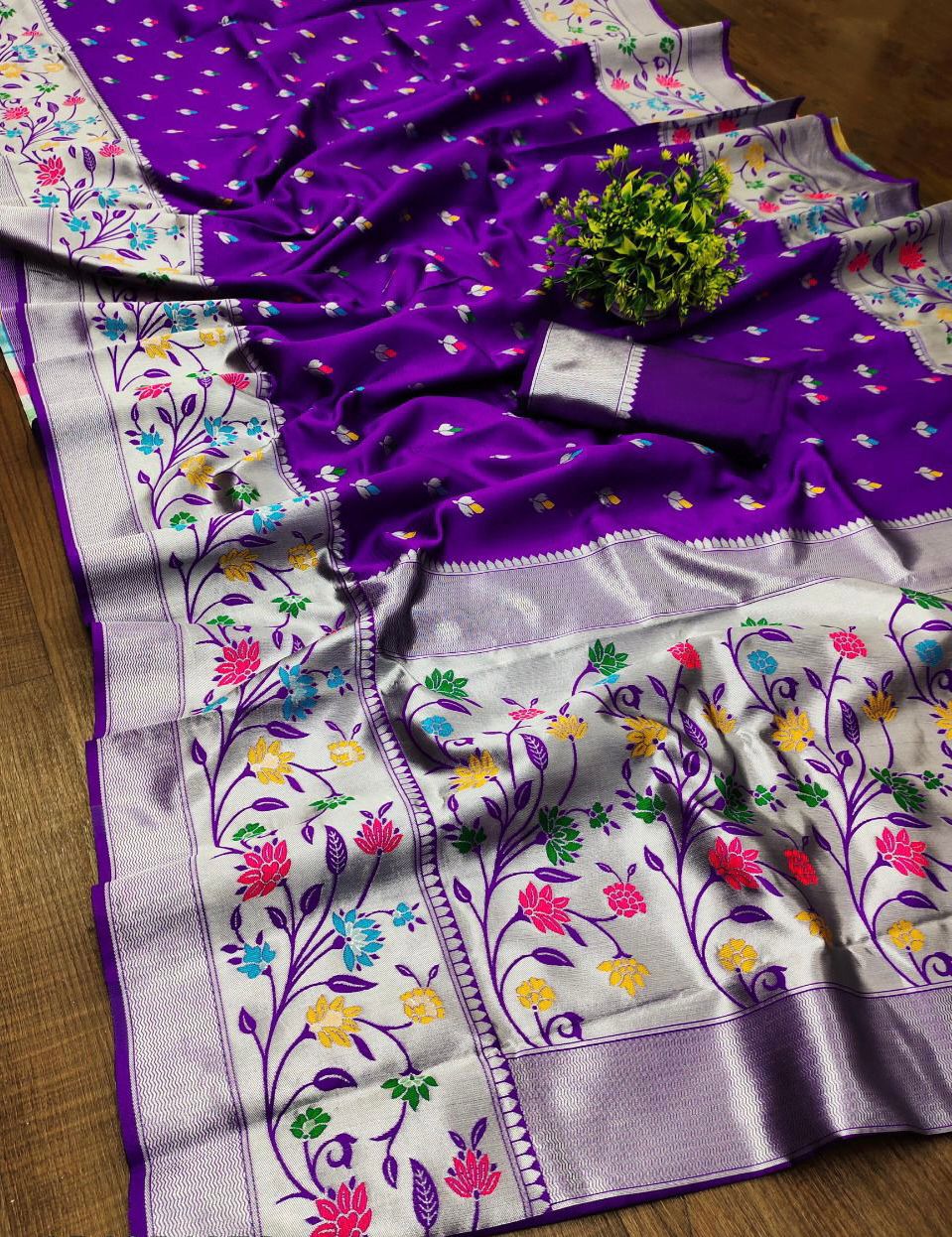 Epiphany Purple Paithani Silk Saree With Symmetrical Blouse Piece