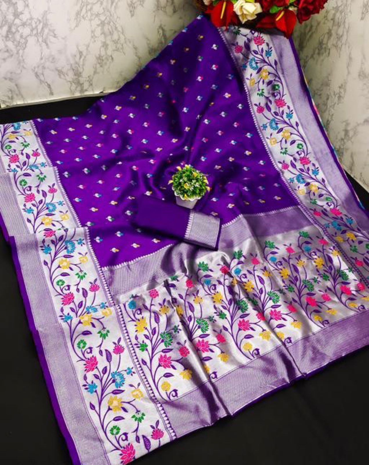 Epiphany Purple Paithani Silk Saree With Symmetrical Blouse Piece