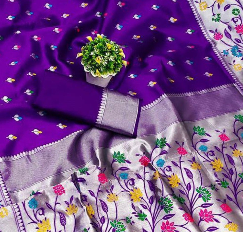 Epiphany Purple Paithani Silk Saree With Symmetrical Blouse Piece