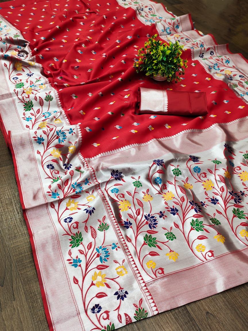 Ephemeral Red Paithani Silk Saree With Snazzy Blouse Piece