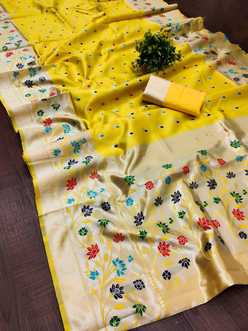 Eloquence Yellow Paithani Silk Saree With Amiable Blouse Piece