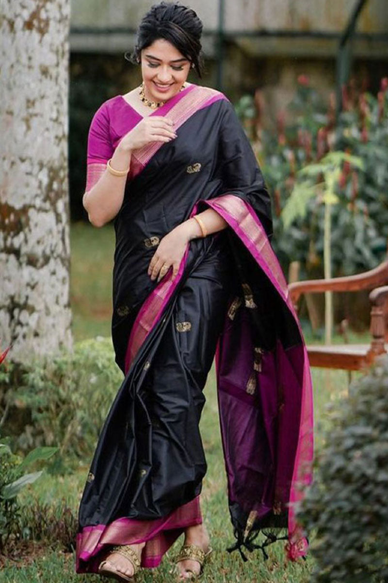 Glorious Black Soft Banarasi Silk Saree With Lissome Blouse Piece