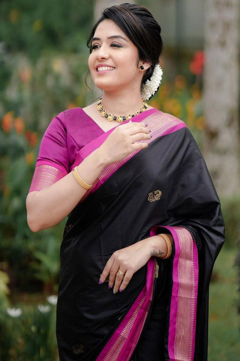 Glorious Black Soft Banarasi Silk Saree With Lissome Blouse Piece