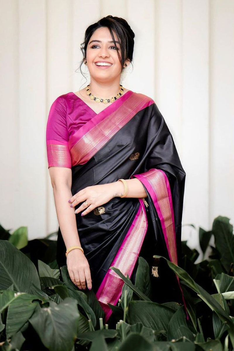 Glorious Black Soft Banarasi Silk Saree With Lissome Blouse Piece