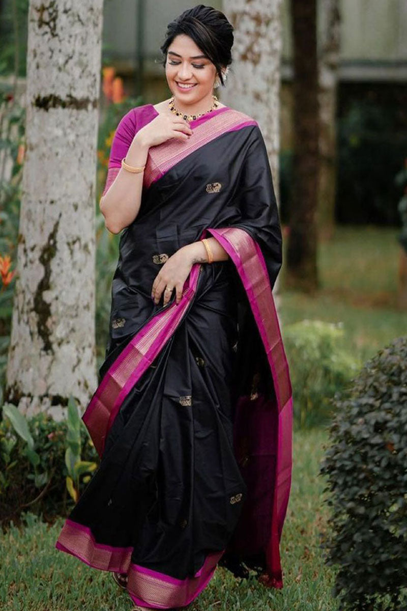 Glorious Black Soft Banarasi Silk Saree With Lissome Blouse Piece