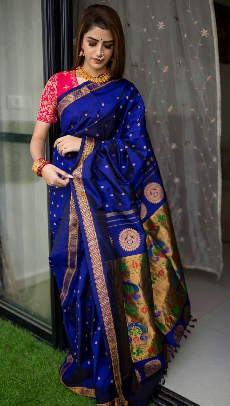 Elision Royal Blue Paithani Silk Saree With Imaginative Blouse Piece