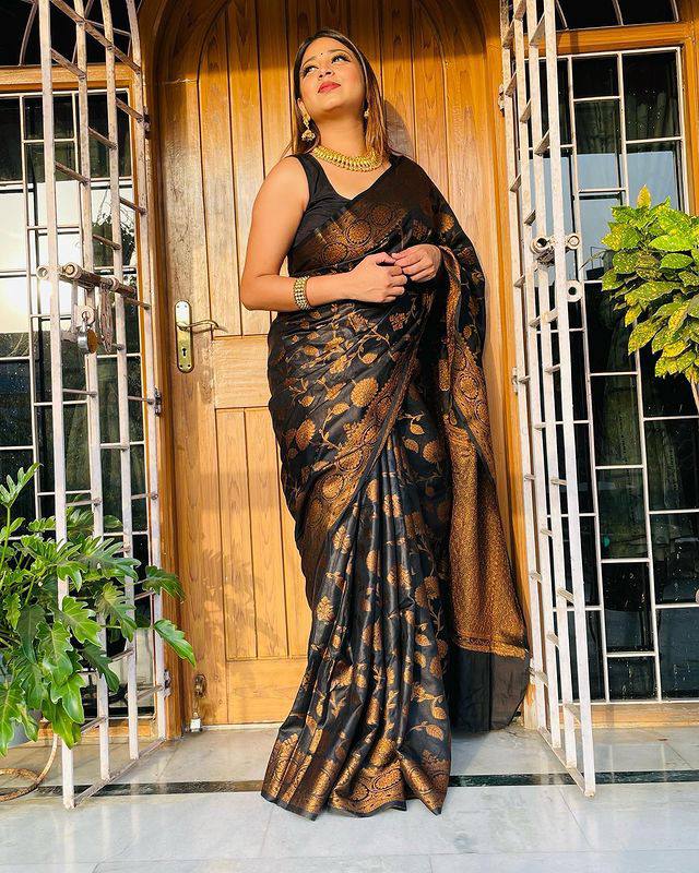 Intricate Black Soft Silk Saree With Breathtaking Blouse Piece