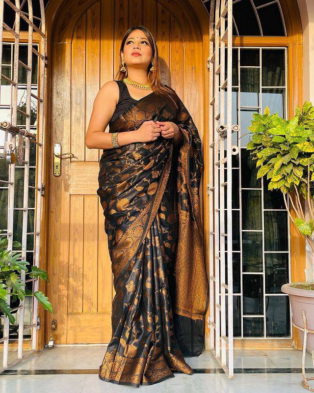 Intricate Black Soft Silk Saree With Breathtaking Blouse Piece