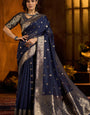 Lovely Navy Blue Soft Banarasi Silk Saree With Desirable Blouse Piece