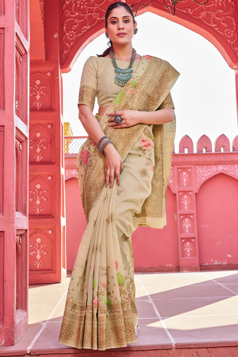 Vivacious Beige Cotton Silk Saree With Transcendent Blouse Piece