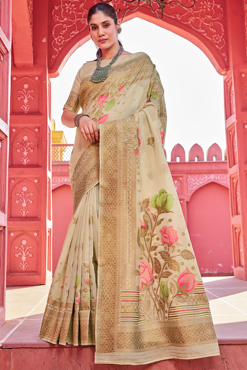 Vivacious Beige Cotton Silk Saree With Transcendent Blouse Piece