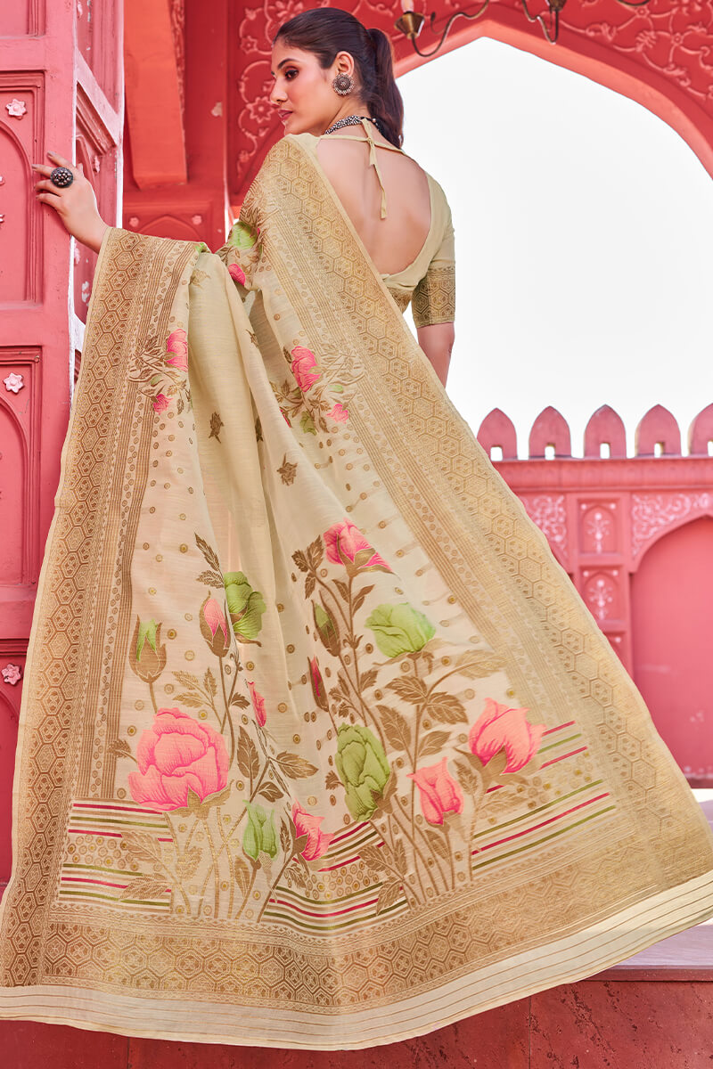 Vivacious Beige Cotton Silk Saree With Transcendent Blouse Piece