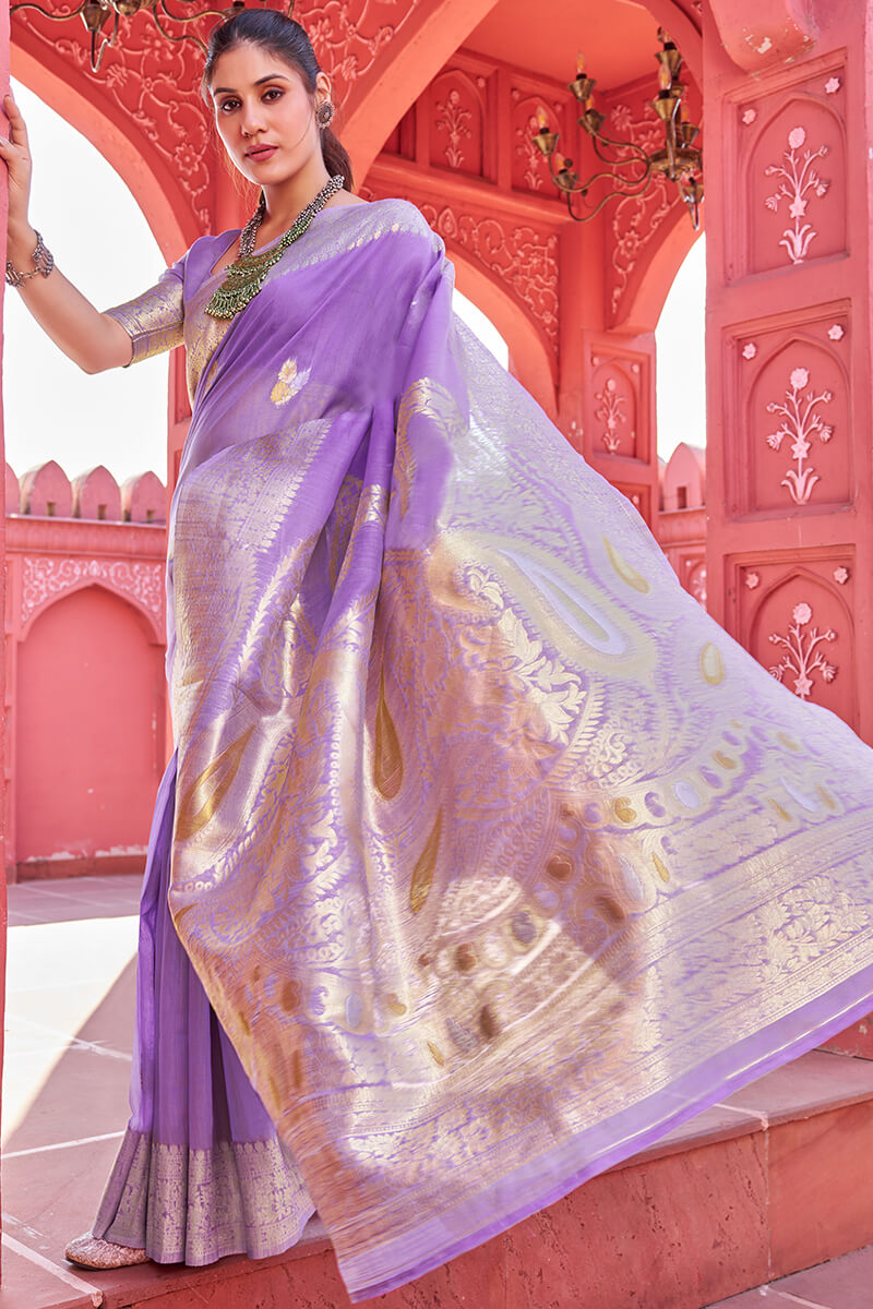 Resplendent Lavender Cotton Silk Saree With Imaginative Blouse Piece