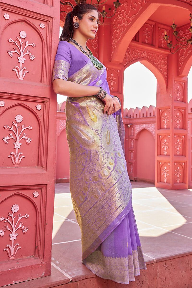 Resplendent Lavender Cotton Silk Saree With Imaginative Blouse Piece