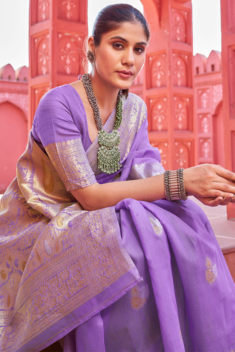 Resplendent Lavender Cotton Silk Saree With Imaginative Blouse Piece