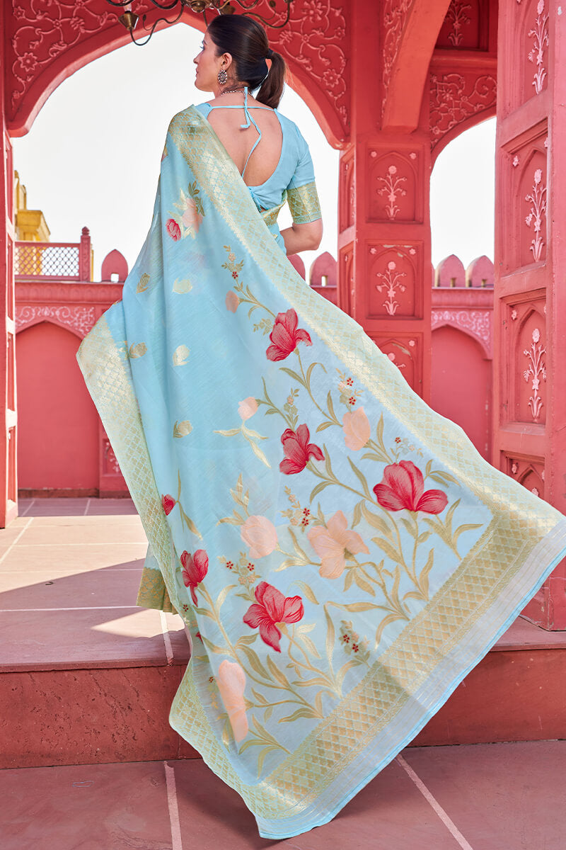 Unequalled Sky Cotton Silk Saree With Snappy Blouse Piece