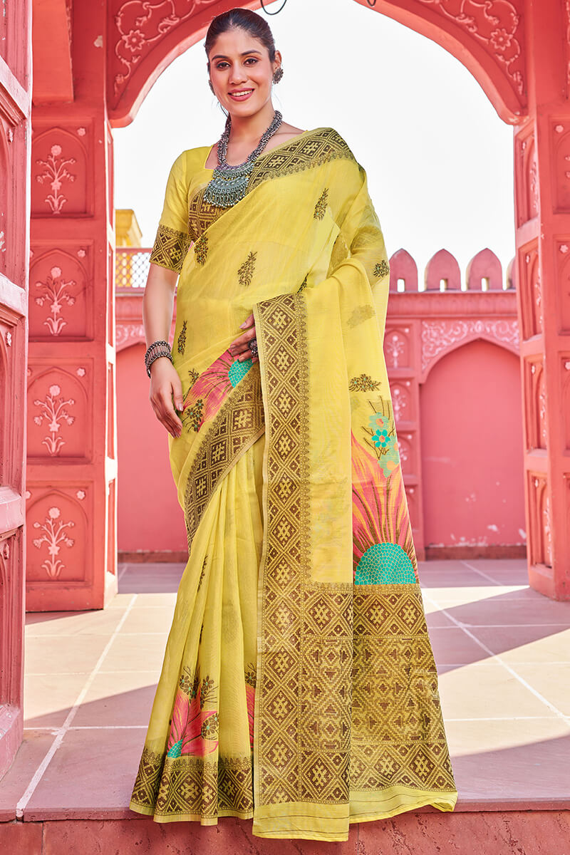 Proficient Yellow Cotton Silk Saree With Fantabulous Blouse Piece