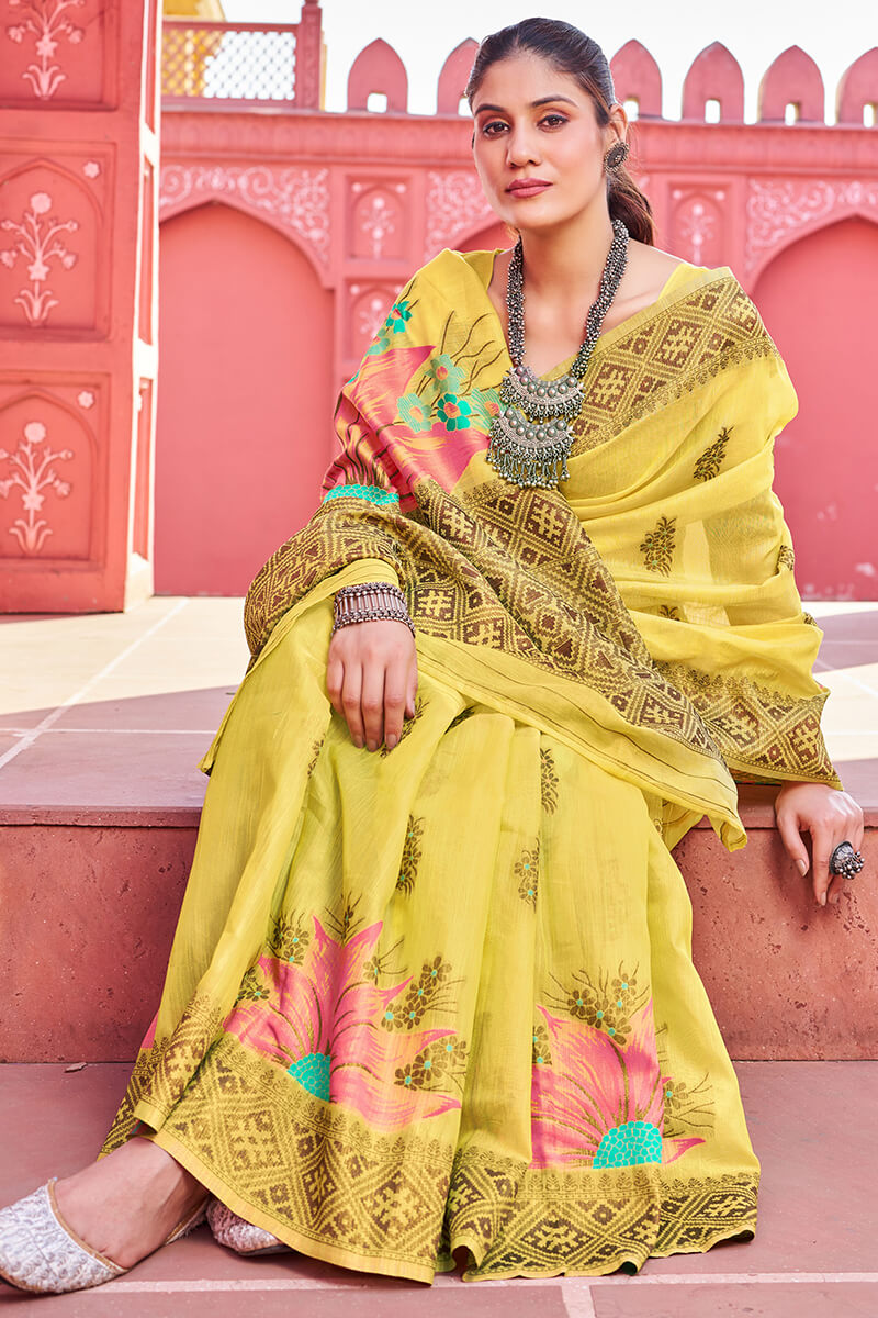 Proficient Yellow Cotton Silk Saree With Fantabulous Blouse Piece