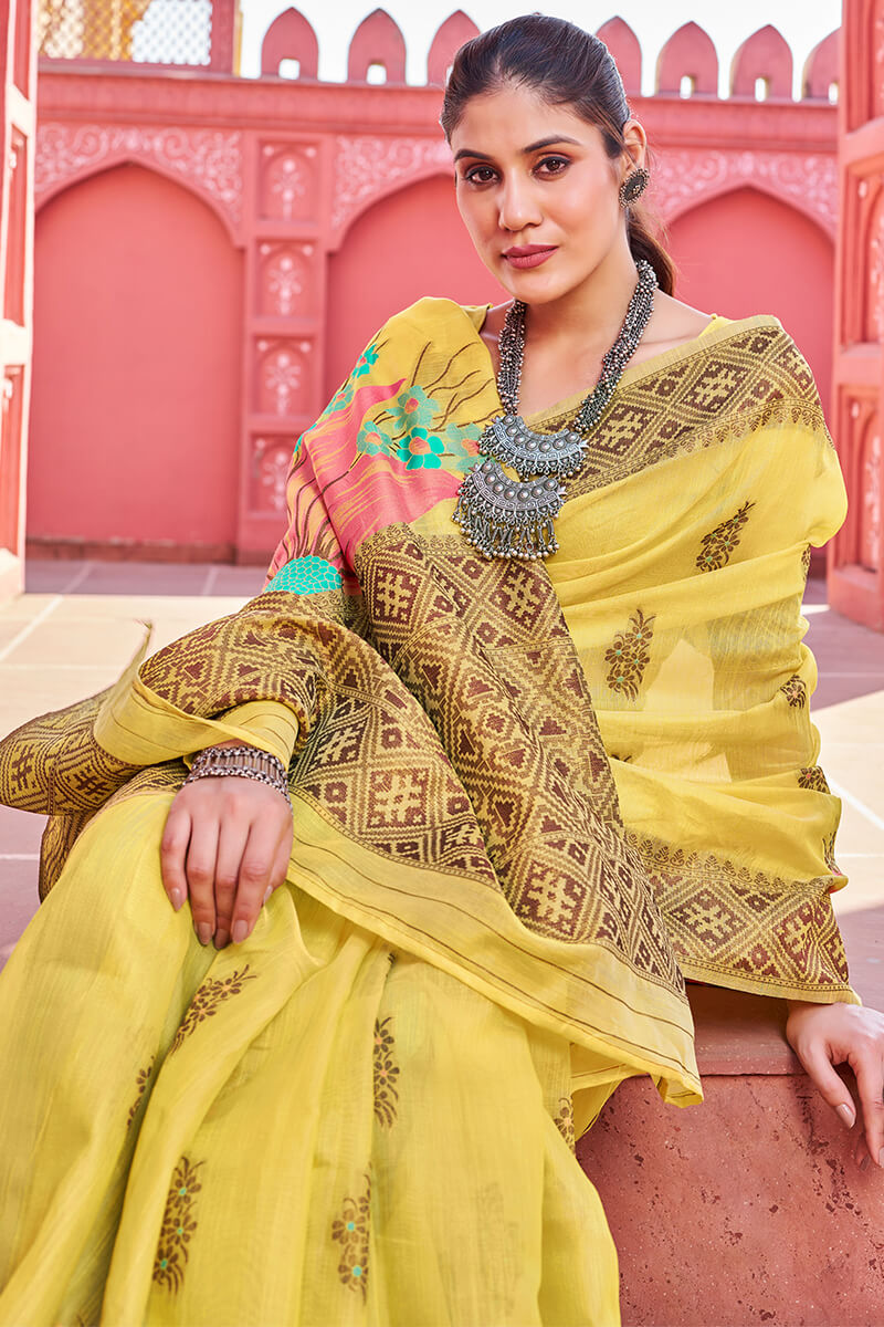 Proficient Yellow Cotton Silk Saree With Fantabulous Blouse Piece