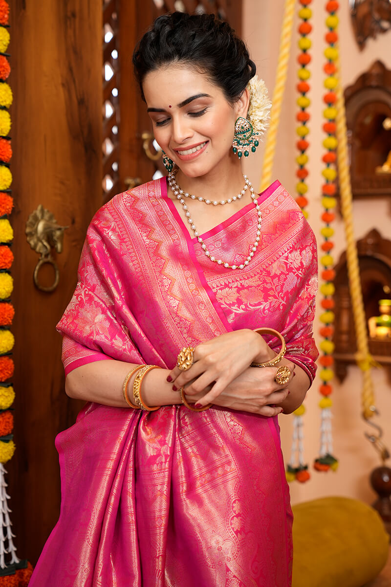 Gratifying Pink Soft Silk Saree With Seraglio Blouse Piece