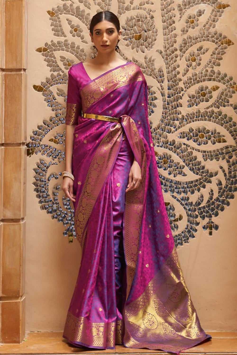 Elision Purple Pure Kanjivaram Silk Saree with Redolent Blouse Piece