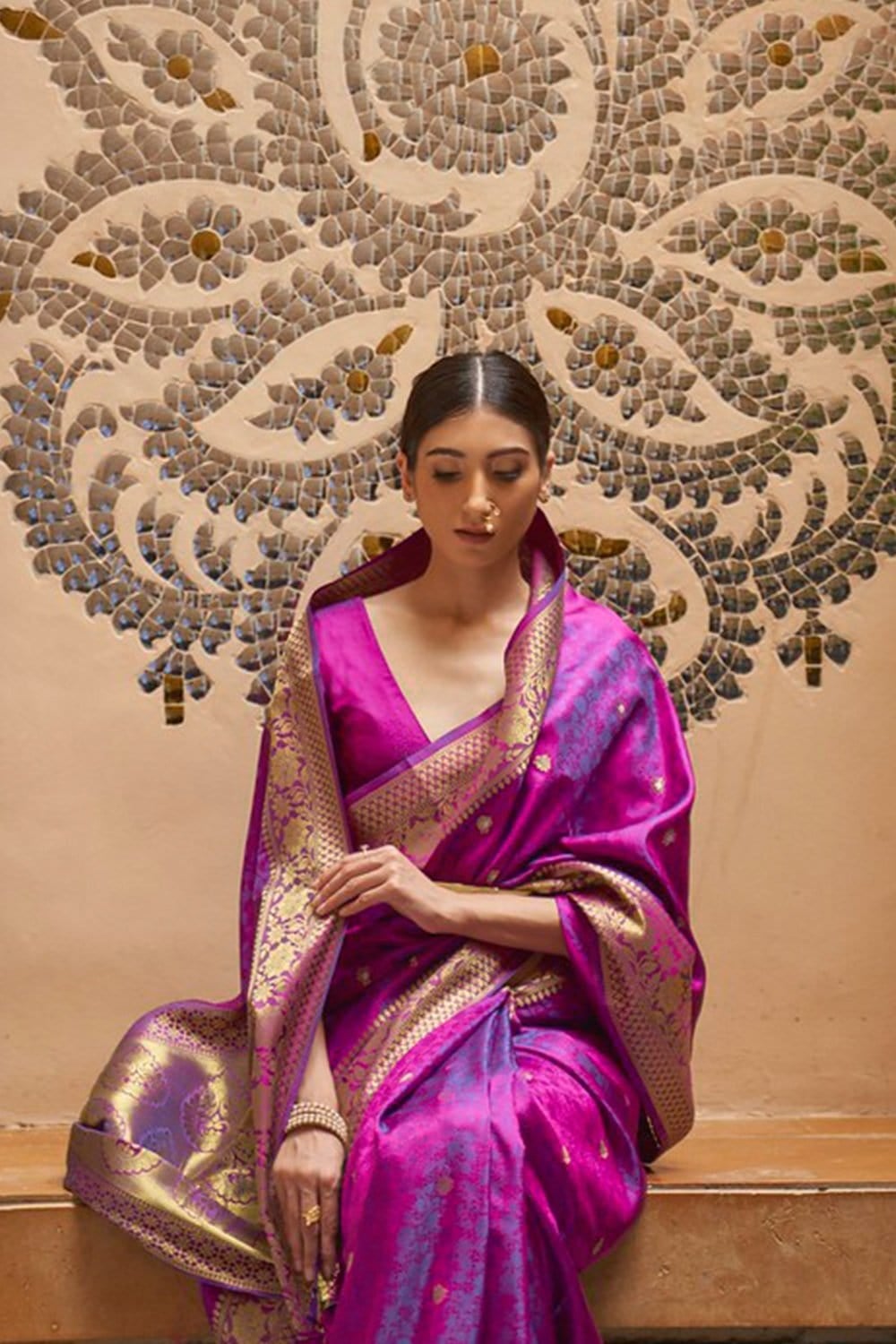 Elision Purple Pure Kanjivaram Silk Saree with Redolent Blouse Piece