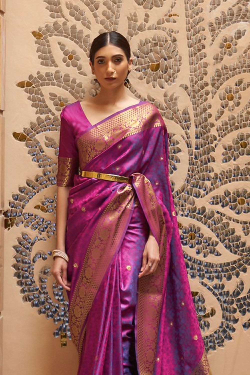 Elision Purple Pure Kanjivaram Silk Saree with Redolent Blouse Piece