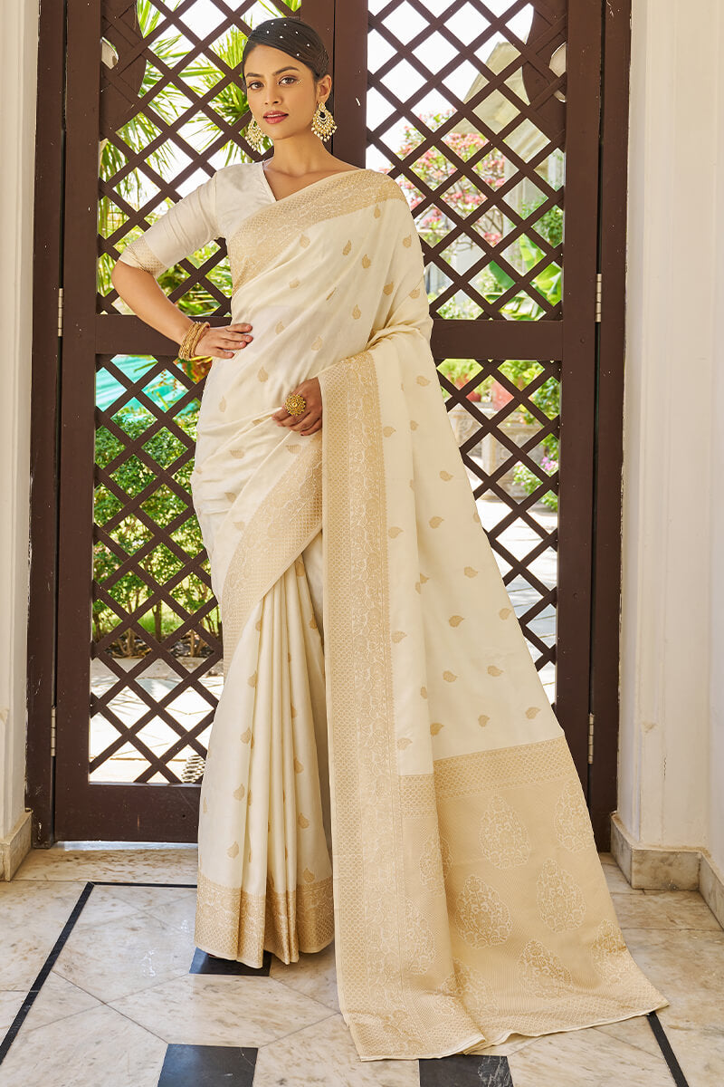 Eloquence Beige Kanjivaram Silk Saree With Brood Blouse Piece