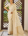 Eloquence Beige Kanjivaram Silk Saree With Brood Blouse Piece