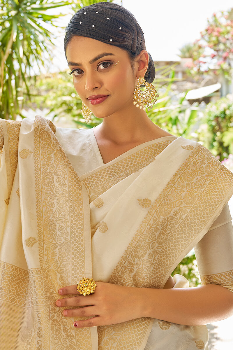 Eloquence Beige Kanjivaram Silk Saree With Brood Blouse Piece