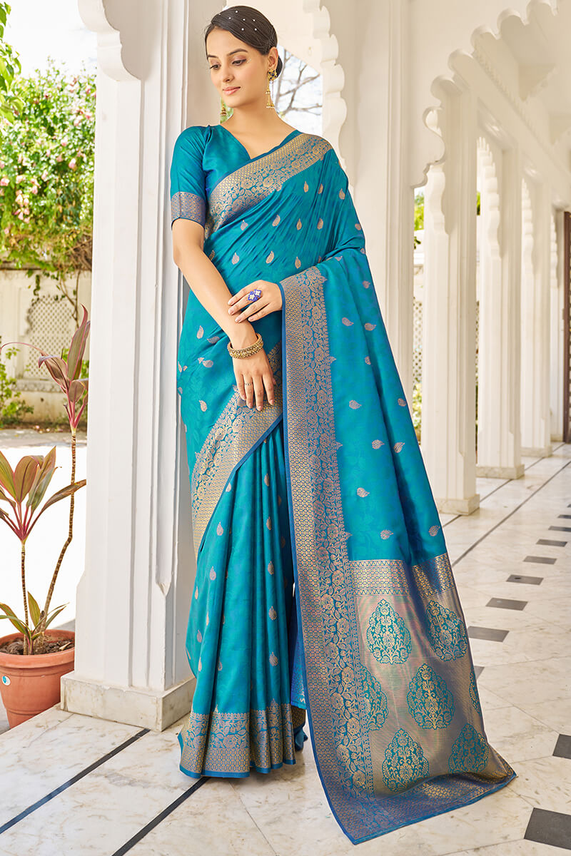 Elision Firozi Kanjivaram Silk Saree With Beleaguer Blouse Piece