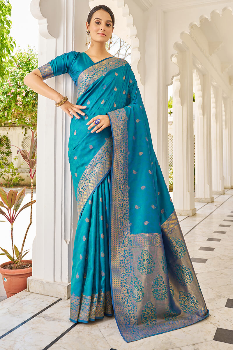 Elision Firozi Kanjivaram Silk Saree With Beleaguer Blouse Piece